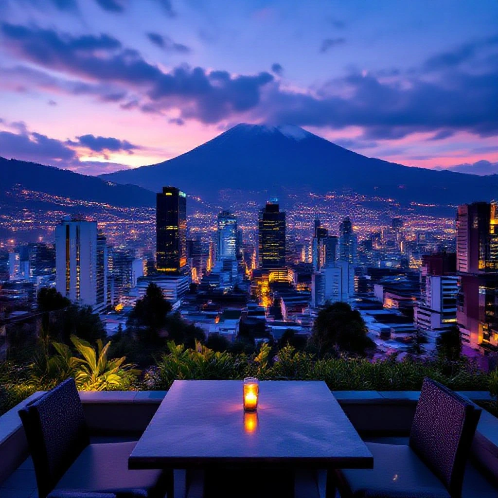 Rooftop dining table with a lit candle, overlooking a glowing city skyline at dusk and a distant mountain.